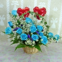 Blue Roses Arrangement with Heart-Shape Balloons