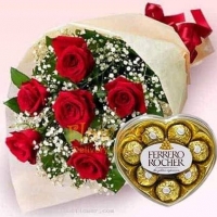 6 imported roses w/ferrero heart