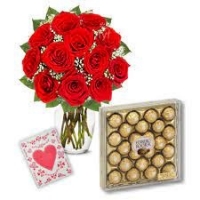 card, 12 red roses vase & 24 ferrero